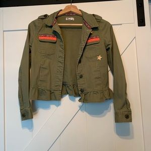 Girls size large Epic Threads army green jacket with bright pink and gold